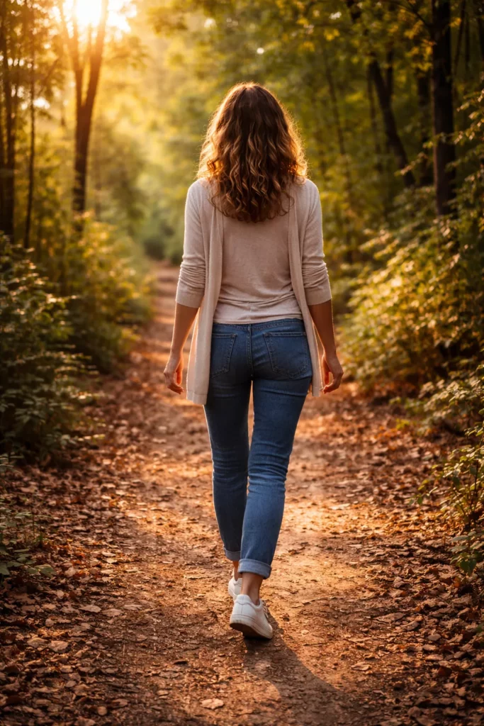 femme marchant pour se reconnecter au sacrum et sécurité intérieure
