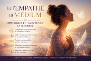 Femme en état de sérénité avec lumière au niveau du cœur symbolisant l’hypersensibilité et la transformation intérieure